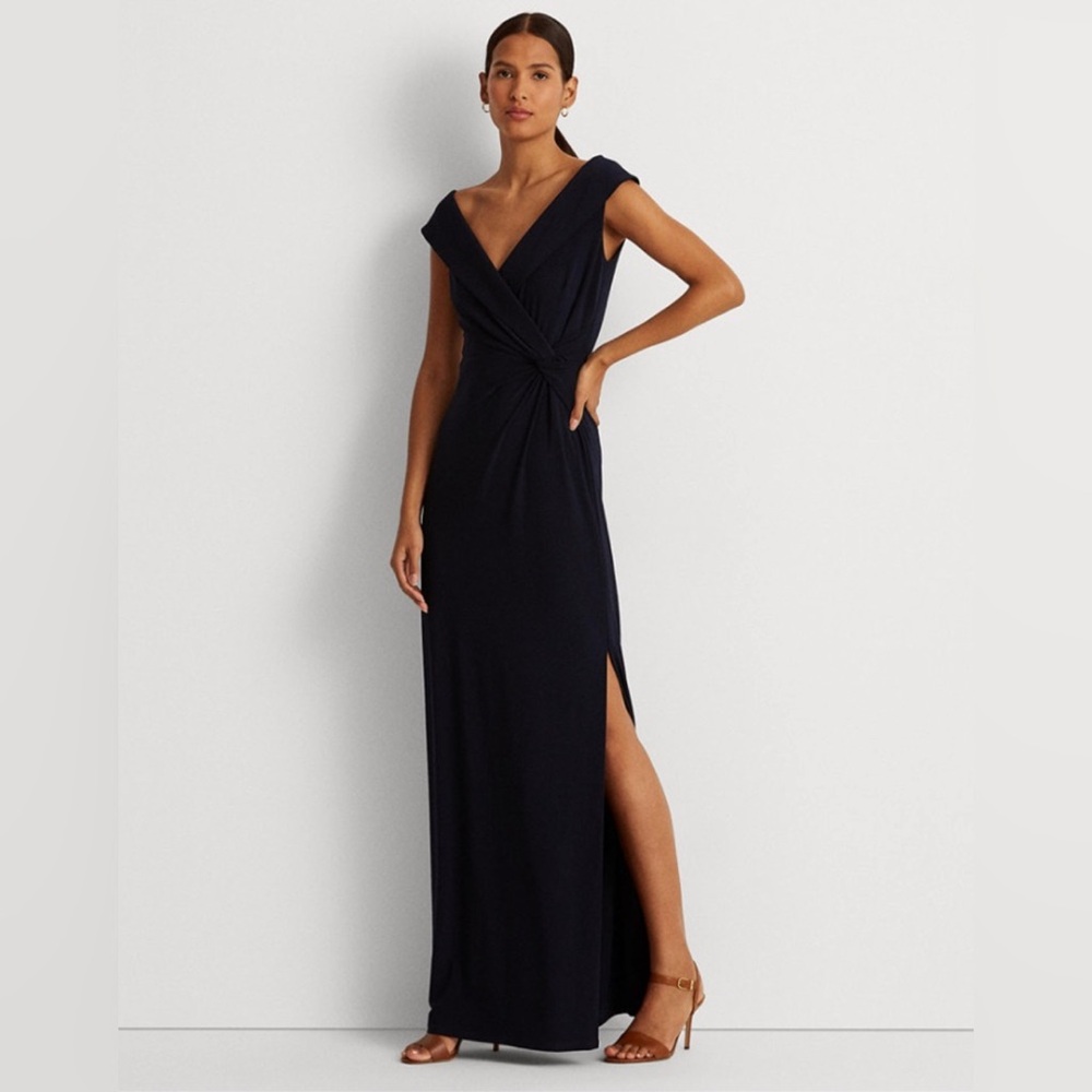 Ralph Lauren Jersey Off-the-Shoulder Side-Slit Column Gown Navy Size 6